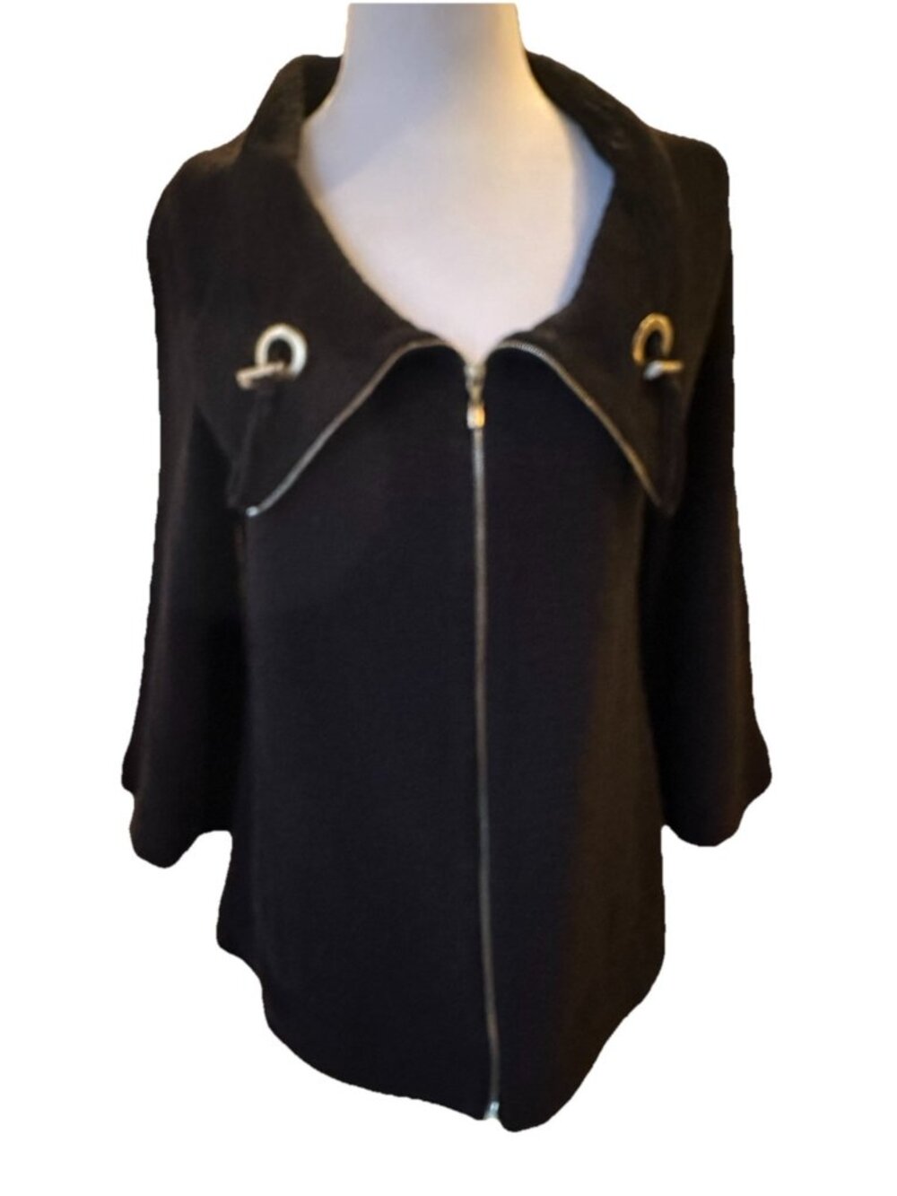 St John Black Knit Zip Jacket M Made In USA Minimalist Designer Grommet Collar
